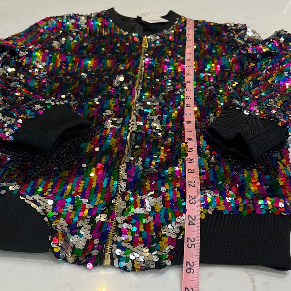 Cresay Multicolor & Silver Sequin Ribbed Trim Zip Front Bomber Jacket NWT - Picture 9 of 9